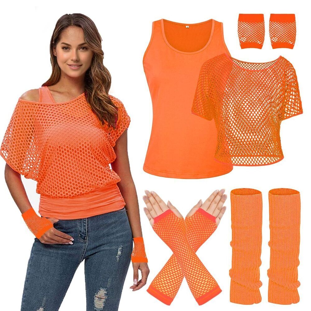 2500 Casual Sexy 80s Costumes Fishnet Neon Off Shoulder T-Shirt 80s Costume